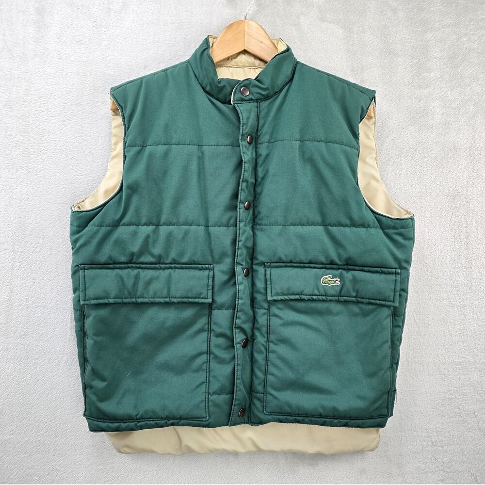 Vintage Lacoste Puffer Vest Mens Medium Green 90s Revirsible Full Zip Snap